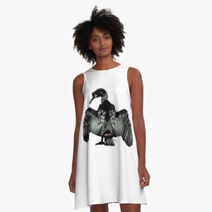 A Line dress with a bold picture of a shag seabird printed on the front