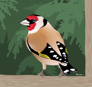 An art print in the style of a lino print of a goldfinch standing on a fence with trees behind