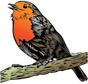 An art print in the style of a lino print of a robin sitting on a branch singing