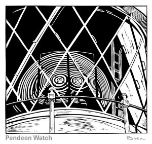 A lino art print of the Pendeen watch lighthouse optic and lantern room