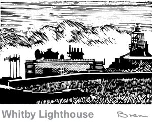 A wood engraving of the Whitby Lighthouse